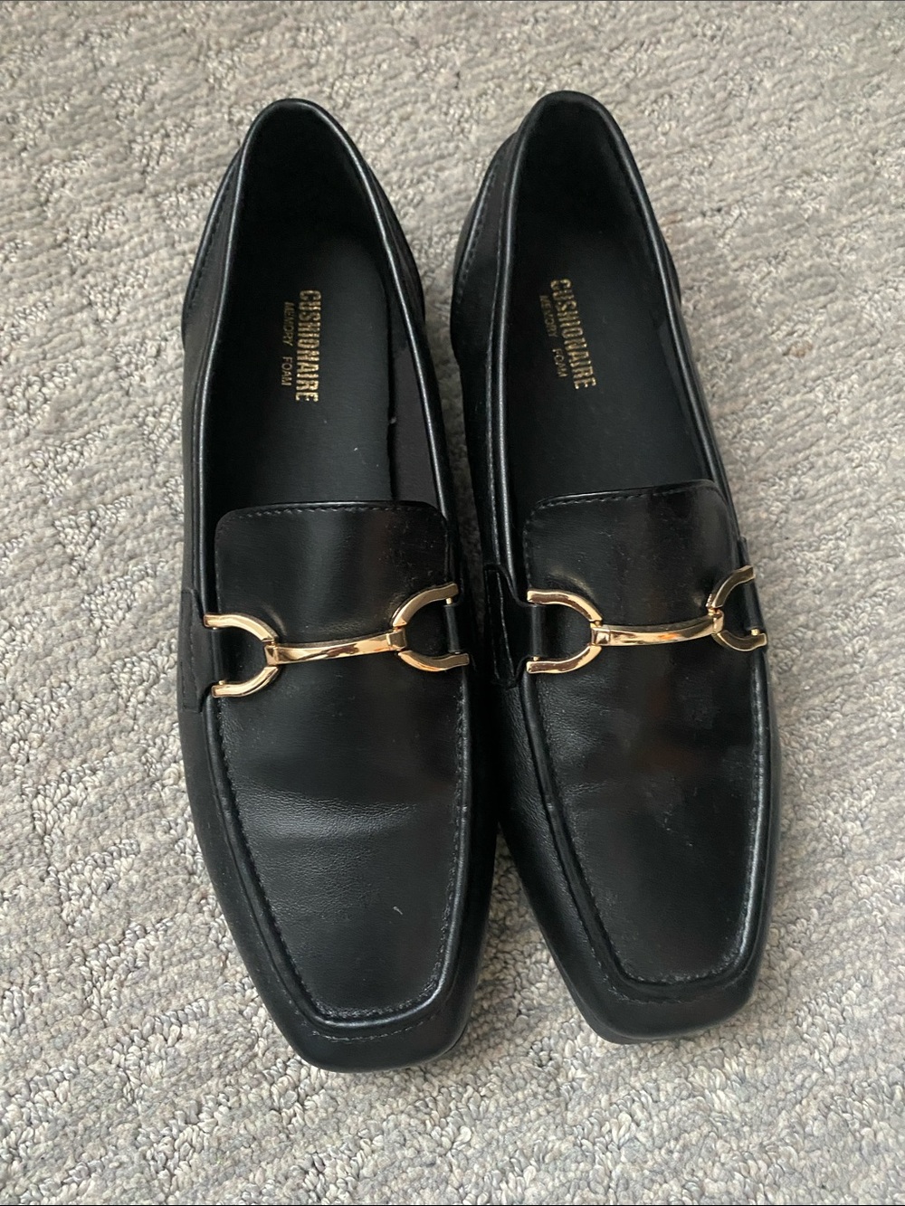 Cushionare Black Leather Slip-On Loafers with Gold Horsebit